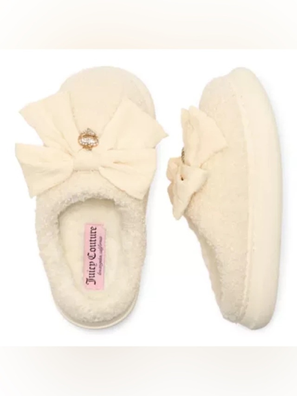 Juicy Couture Light Taupe Chou Bow Gift Boxed Womens Slippers Size Large NEW NIB